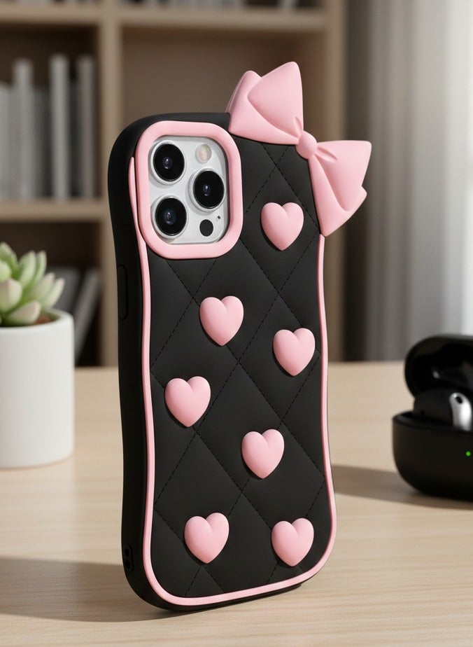 جراب مناسب لهاتف iPhone 11 Pro Max، جراب خلفي مقاوم للصدمات بتصميم فيونكة وردية ثلاثية الأبعاد من السيليكون الناعم